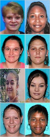 The eight women found dead were all from Jefferson Davis Parish, were aged 17 to 30 and had succumbed to drugs and prostitution: clockwise from top left, Loretta Lynn C. Lewis, Ernestine D. Patterson, Kristen G. Lopez, Whitnei C. Dubois, Laconia S. Brown, Crystal Benoit Zeno, Brittney Gary and Necole J. Guillory.